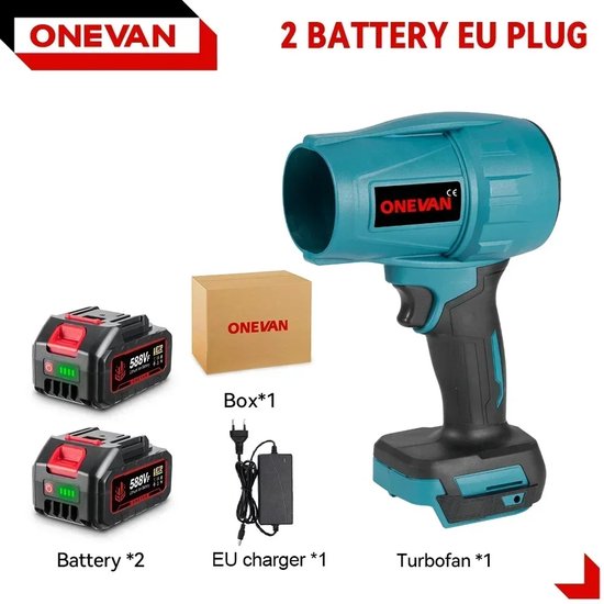 Elektrische Blazer - Bladblazer - Handblazer - Draadloze Luchtblazer - Auto Droger - Turbo Ventilator - Stofblazer - 2000W - 200 m/s - Borstelloze Motor - 928VF Batterijset - 2x Accu - Oplader - Reinigingsgereedschap - Lichtgewicht - Krachtig