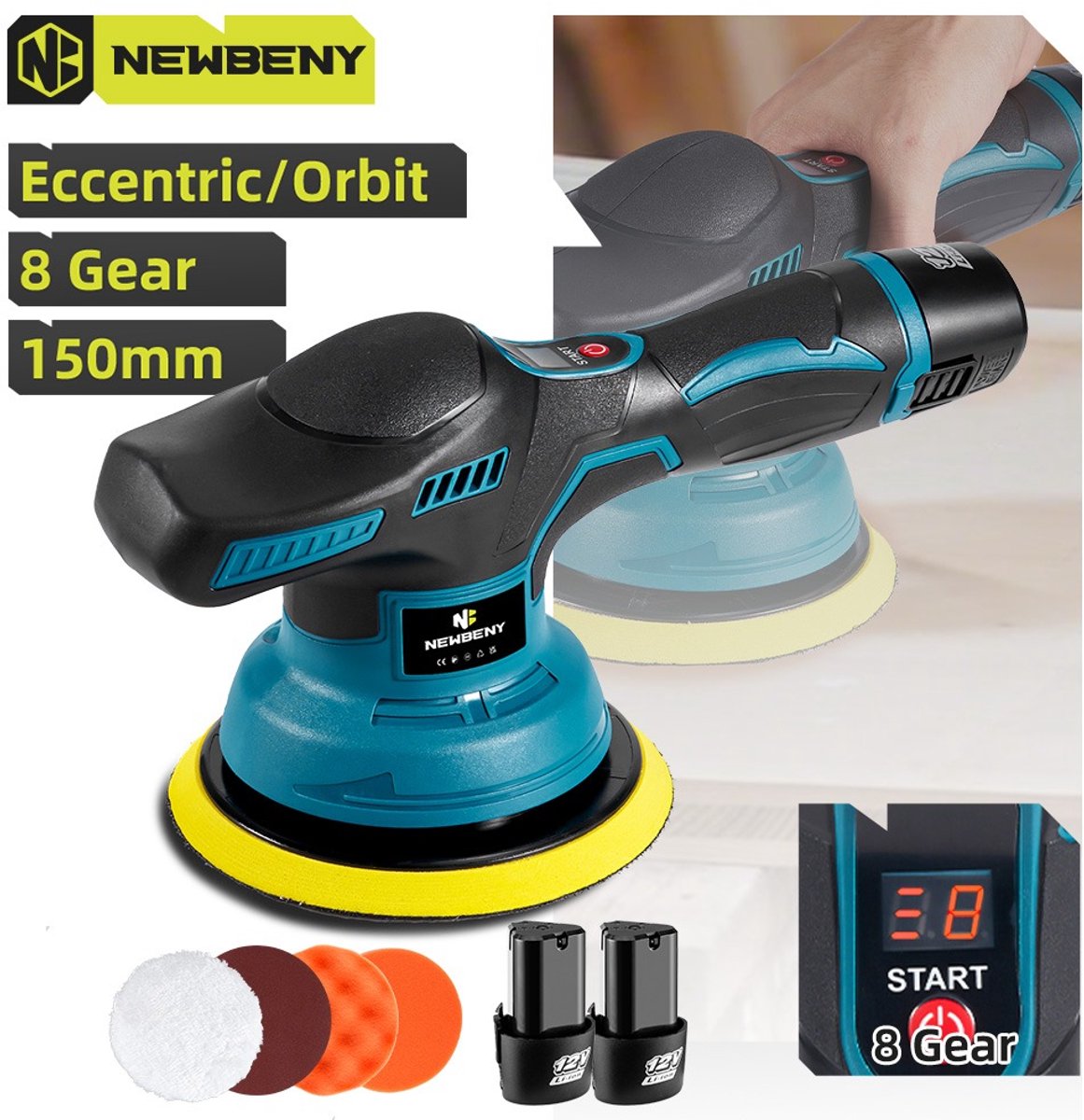 Newbeny - Auto polijstmachine - Draadloze poetsmachine -Auto Detail en wax set - 12v accu -