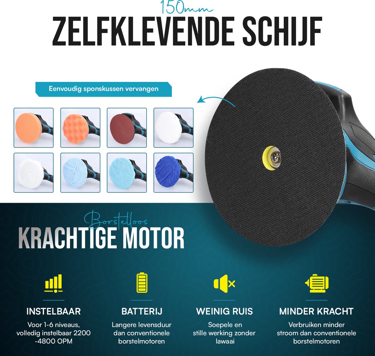 Onevan - Polijstmachine Accu - Polijstmachine Auto - Polijstmachine - Polijstset - 6 verstelbare snelheden - 4 polijstschijven - 2 accu's - 18V & 10000mAh - Grotere accu set