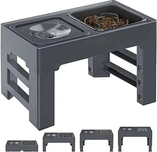 Dubbele Hondenvoerbak Deluxe -Grijs - Anti-lek waterbak en Slowfeeder Verhoogde Voerbak Hond - Verstelbare Voerbak - Voerbak Hond - Dubbele Voerbak - Grijs