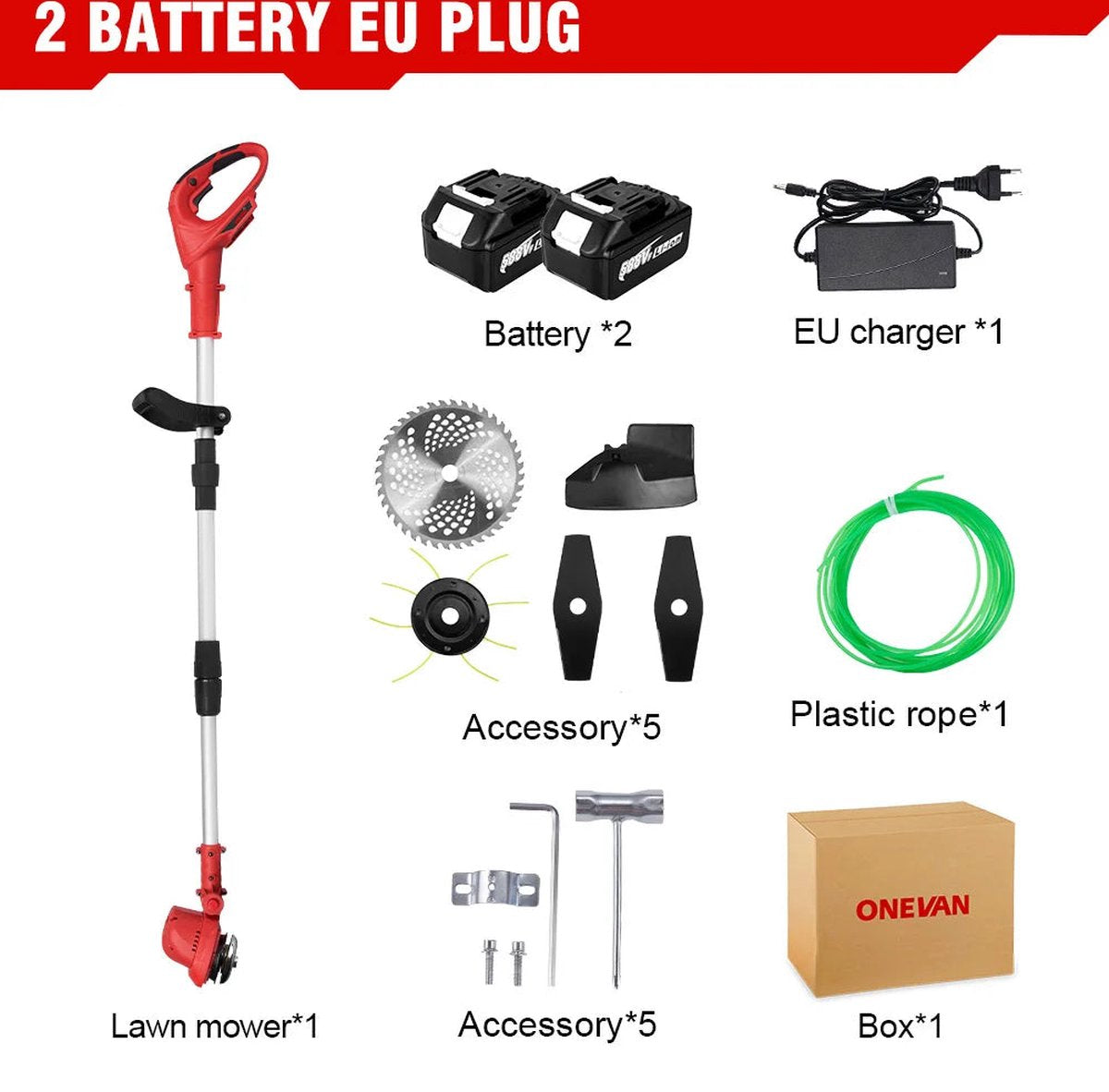 ONEVAN Kantenmaaier -Accu Grastrimmer - Bosmaaier - Incl. 2 accu's 18v en lader en toebehoren