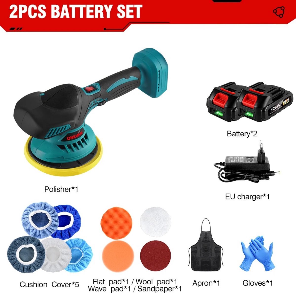 Onevan - Polijstmachine Accu - Polijstmachine Auto - Polijstmachine - Polijstset - 6 verstelbare snelheden - 4 polijstschijven - 2 accu's - 18V & 10000mAh - Grotere accu set