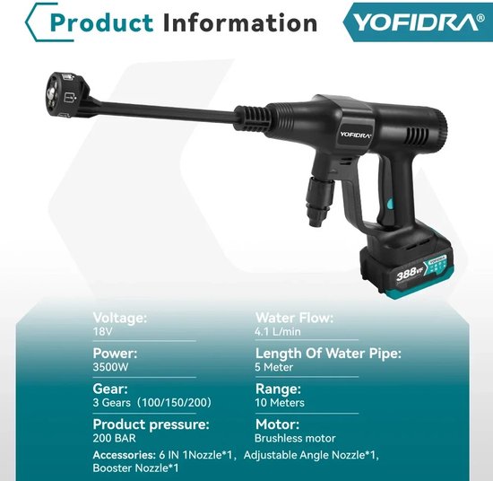 Yofidra - Hogedrukreiniger - Hogedrukreiniger Accu - Draadloze Hogedrukreiniger - 200 Bar - 3500W - 3 Versnellingen - Compatibel Met Makita 18V Batterij - 4.1L P/Min - Complete Set - Zwart