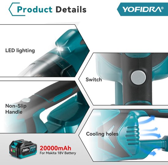 Yofidra -Kruimeldief -Stofzuiger- Auto -Camper- Draadloos handstofzuiger 18v accu.