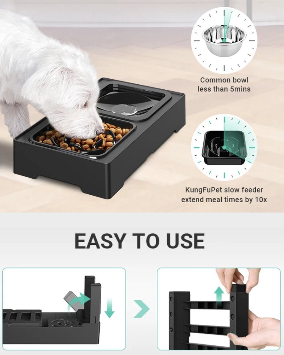 Dubbele Hondenvoerbak Deluxe -Grijs - Anti-lek waterbak en Slowfeeder Verhoogde Voerbak Hond - Verstelbare Voerbak - Voerbak Hond - Dubbele Voerbak - Grijs